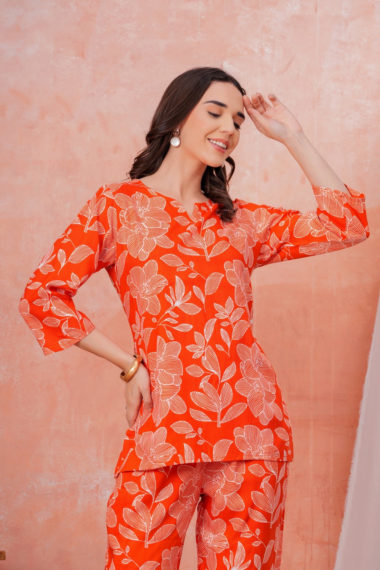 Women Orange & White Tropical Leaf Print Co-ord Set with One Side Pocket
