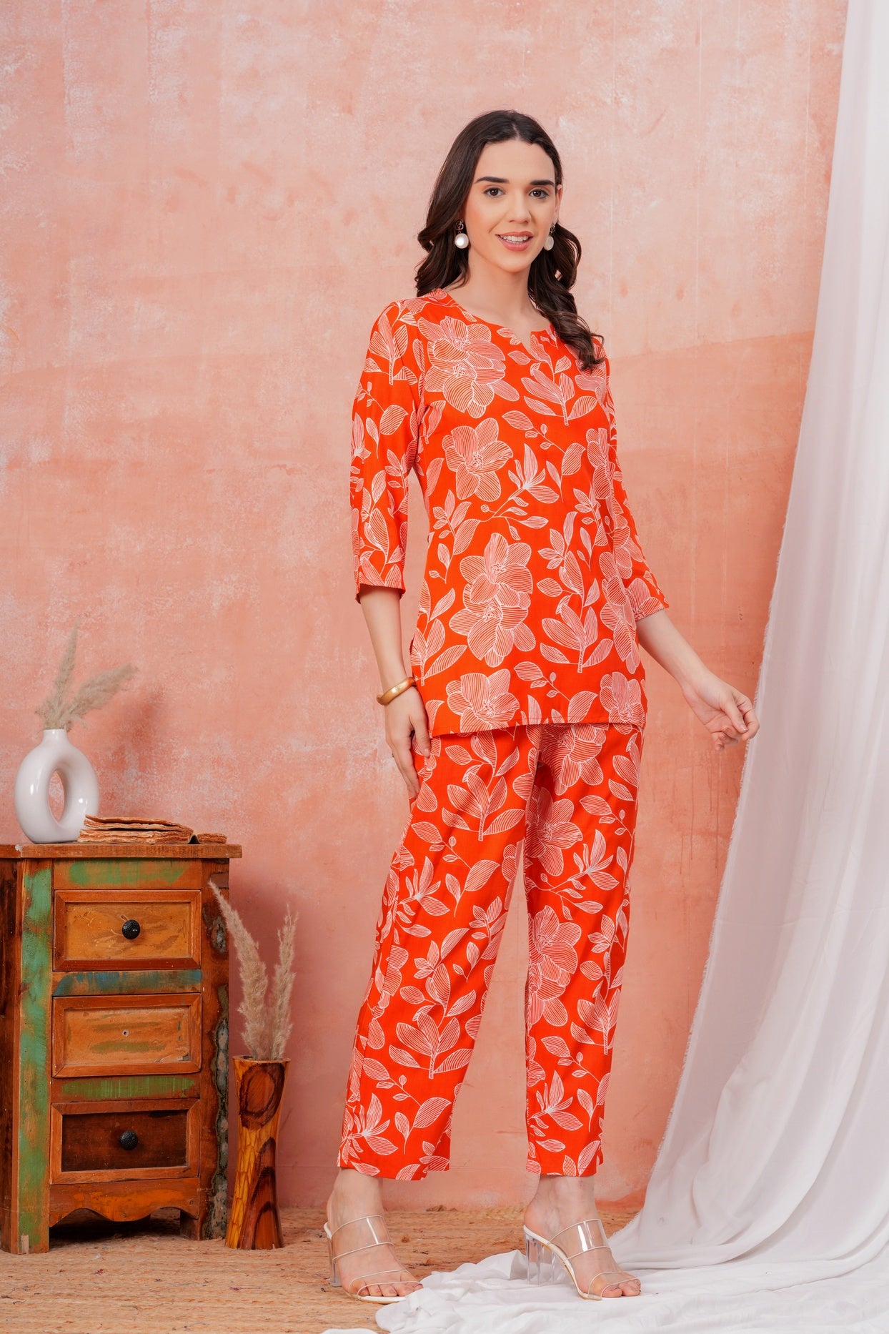 Women Orange & White Tropical Leaf Print Co-ord Set with One Side Pocket