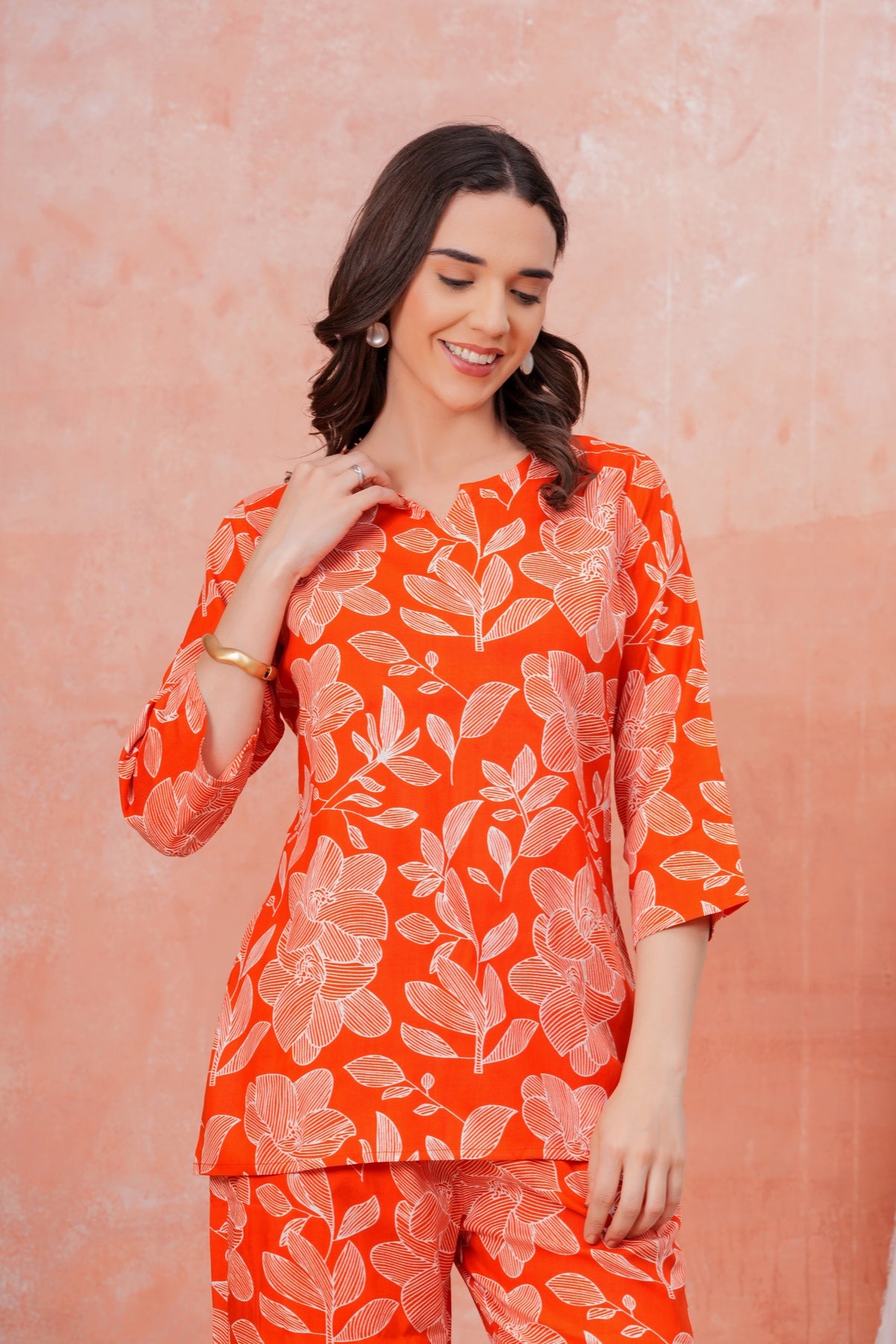 Women Orange & White Tropical Leaf Print Co-ord Set with One Side Pocket
