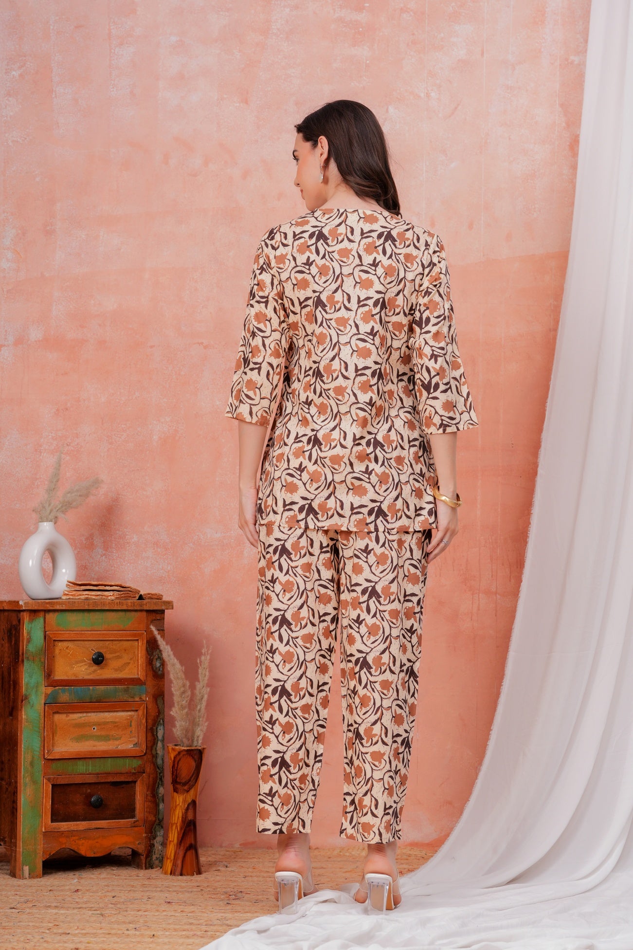 Women Coffee Brown & Cream Fern Printed Formal Co-ord Set with one Side Pocket