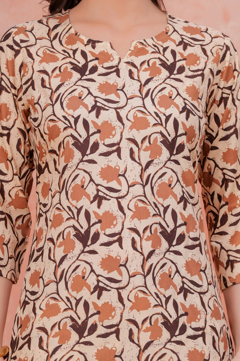 Women Coffee Brown & Cream Fern Printed Formal Co-ord Set with one Side Pocket