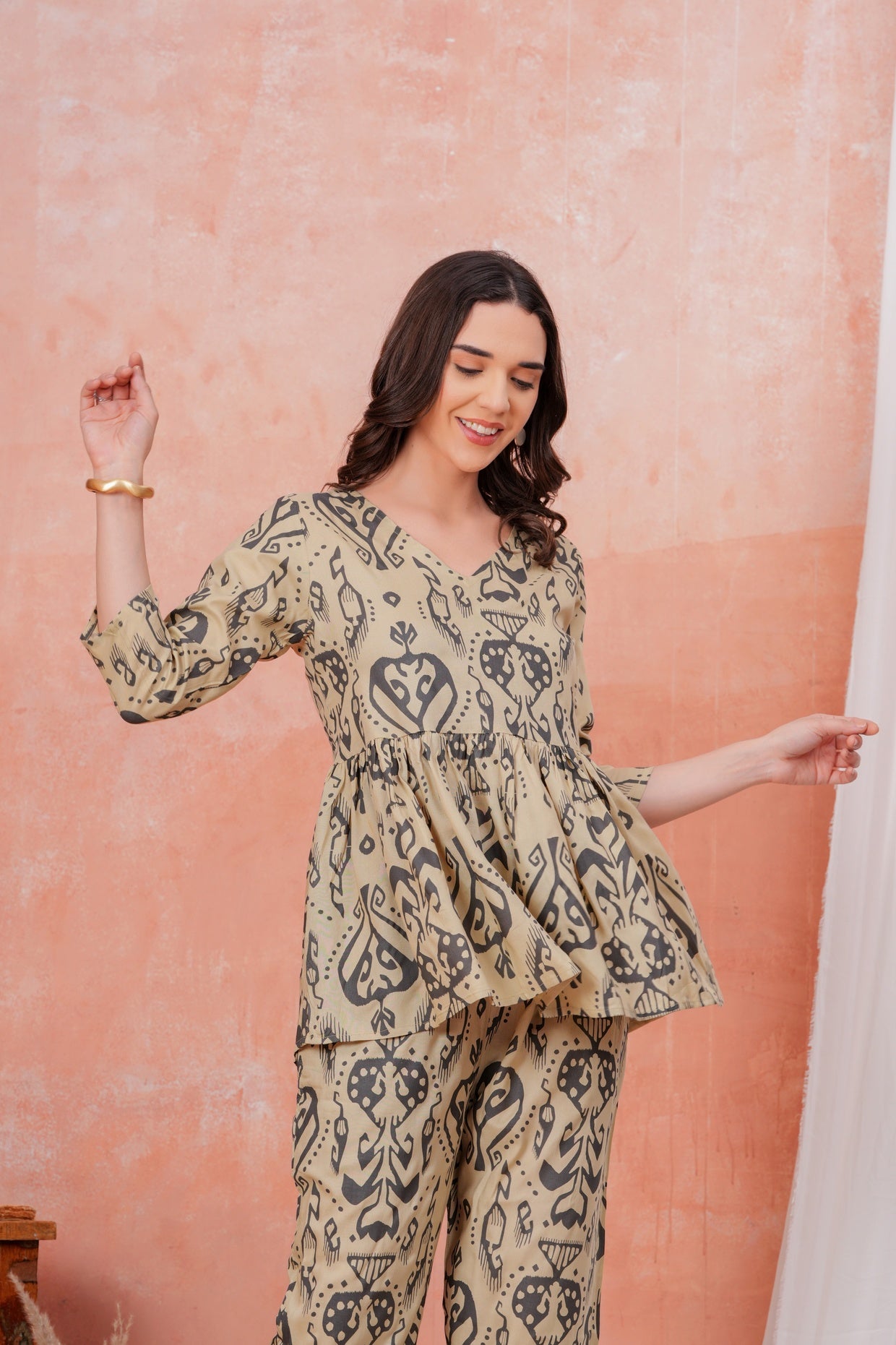 Women Beige Rayon Ethnic Print Peplum Tunic and Trousers Co-ord Set