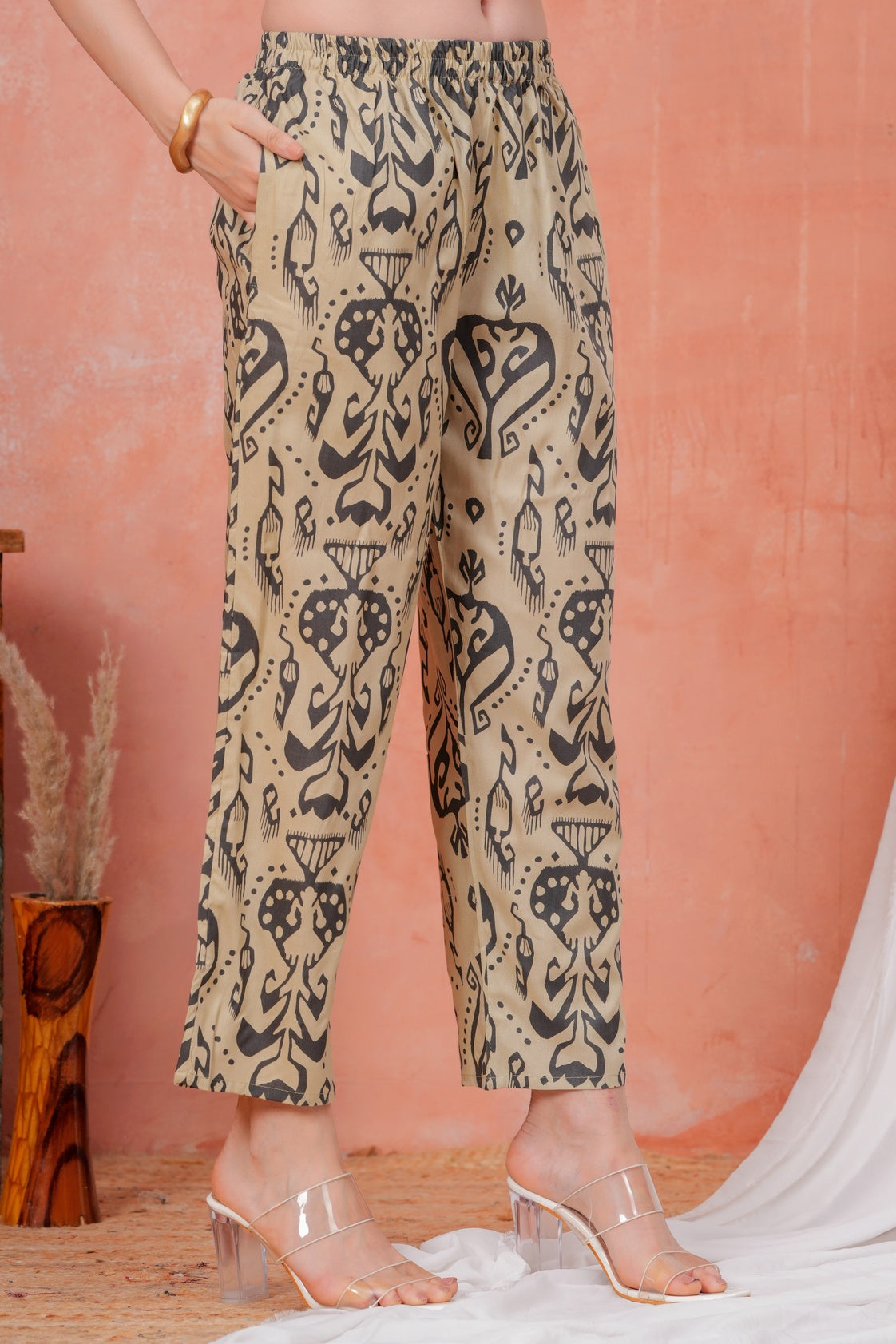 Women Beige Rayon Ethnic Print Peplum Tunic and Trousers Co-ord Set