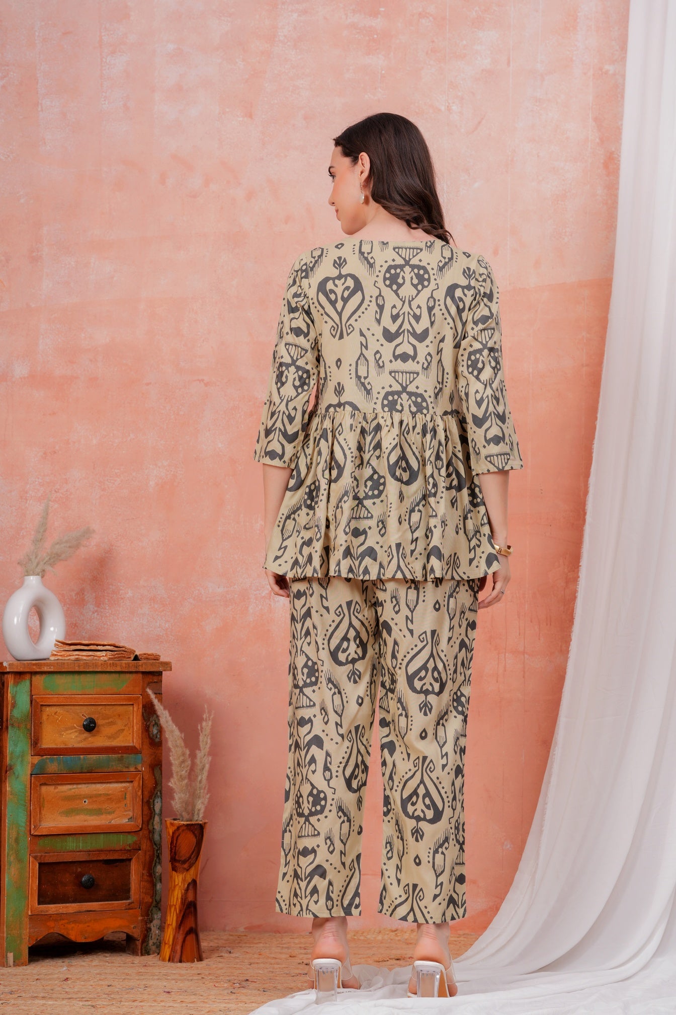 Women Beige Rayon Ethnic Print Peplum Tunic and Trousers Co-ord Set