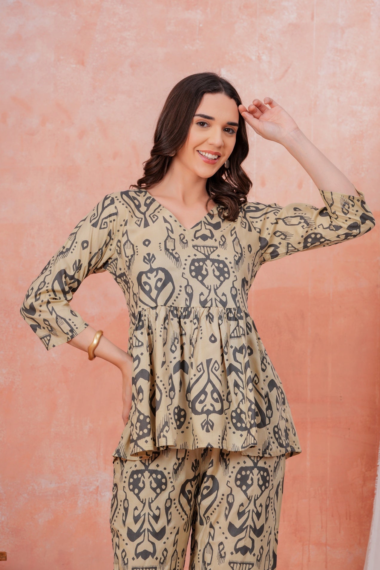 Women Beige Rayon Ethnic Print Peplum Tunic and Trousers Co-ord Set