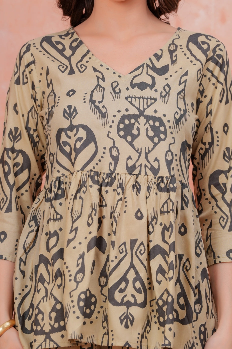 Women Beige Rayon Ethnic Print Peplum Tunic and Trousers Co-ord Set