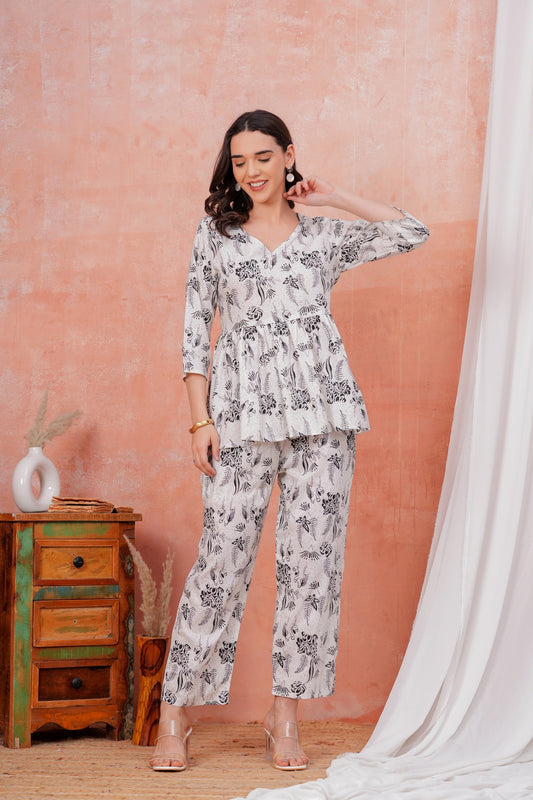 Women White & Black Rayon Floral Printed Peplum Co-ord Set with Side Pocket