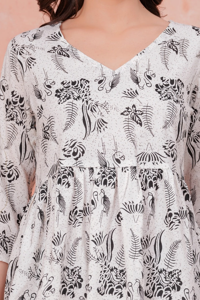 Women White & Black Rayon Floral Printed Peplum Co-ord Set with Side Pocket
