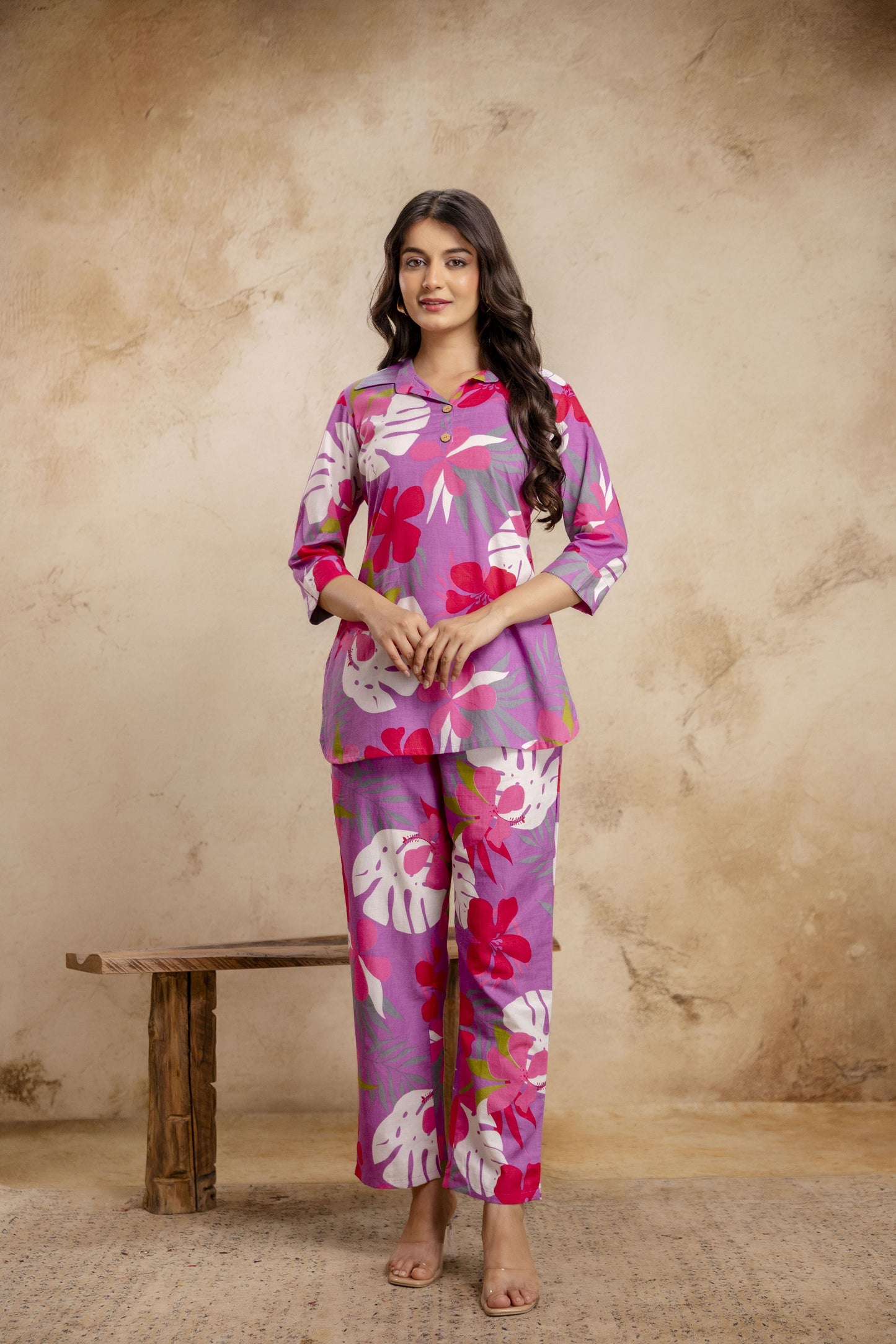Veshviti Women Pink Tropical Floral Print Co-Ord Set | Shirt Style Kurta & Pants Set