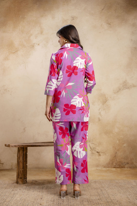 Veshviti Women Pink Tropical Floral Print Co-Ord Set | Shirt Style Kurta & Pants Set