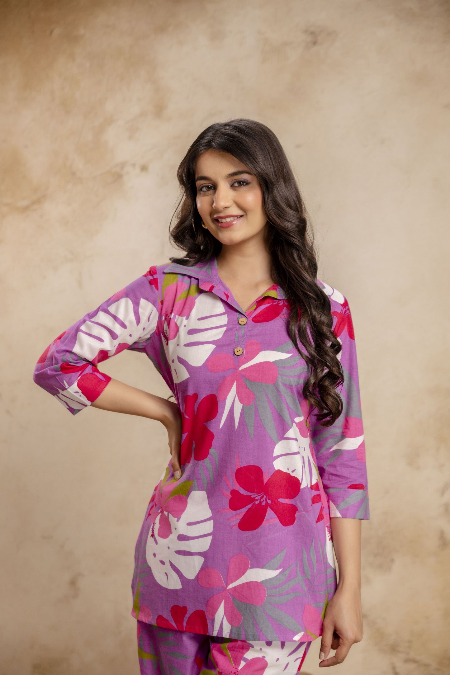 Veshviti Women Pink Tropical Floral Print Co-Ord Set | Shirt Style Kurta & Pants Set