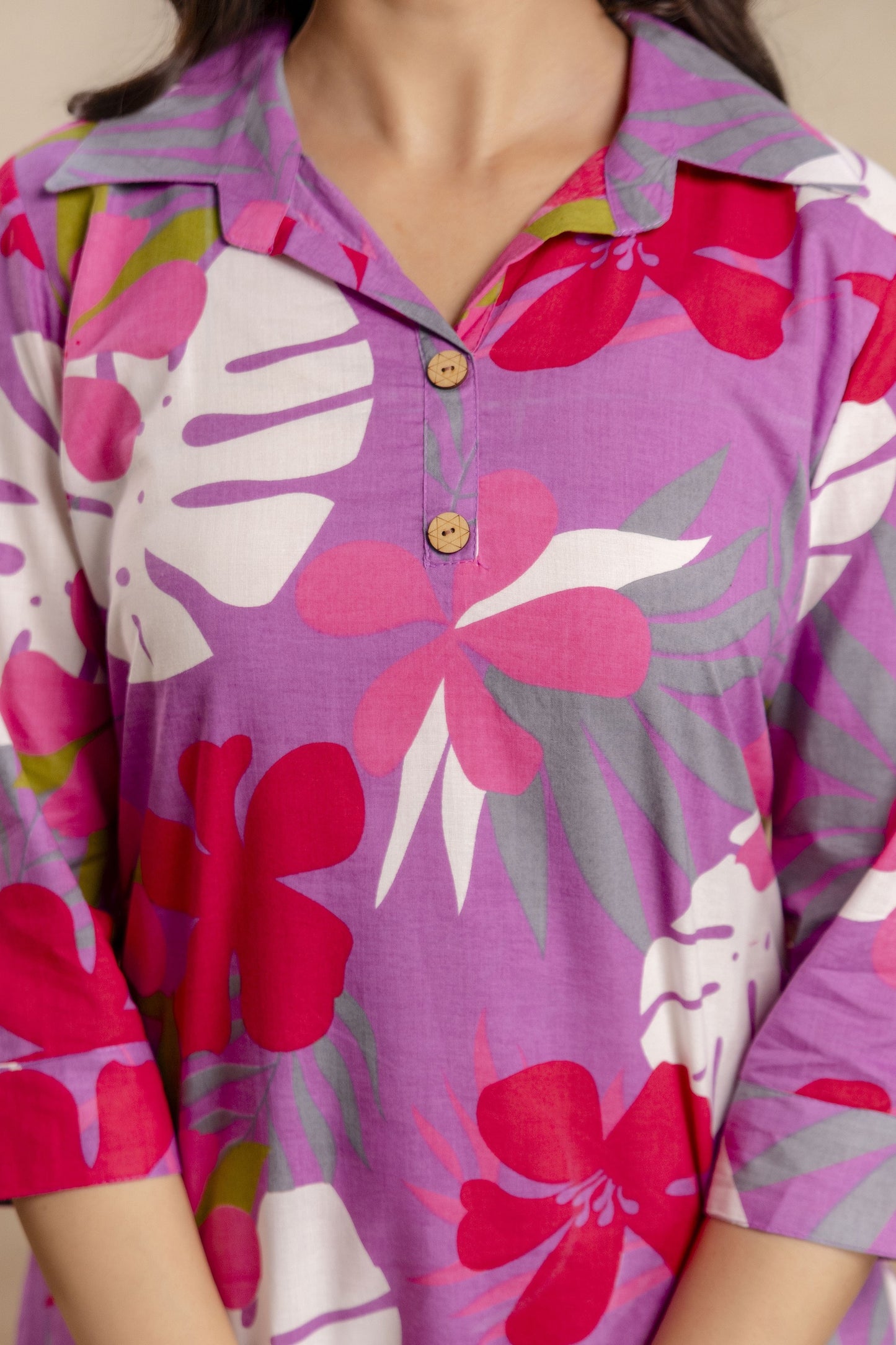 Veshviti Women Pink Tropical Floral Print Co-Ord Set | Shirt Style Kurta & Pants Set