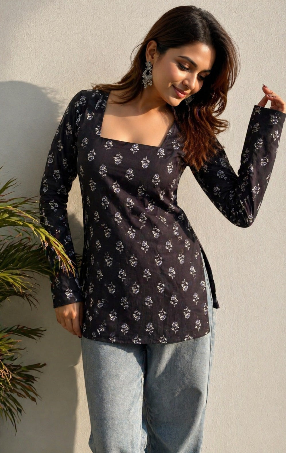 Veshviti Women Black Cotton Printed Top | Square Neck Full Sleeve Casual Tunic for Daily Wear