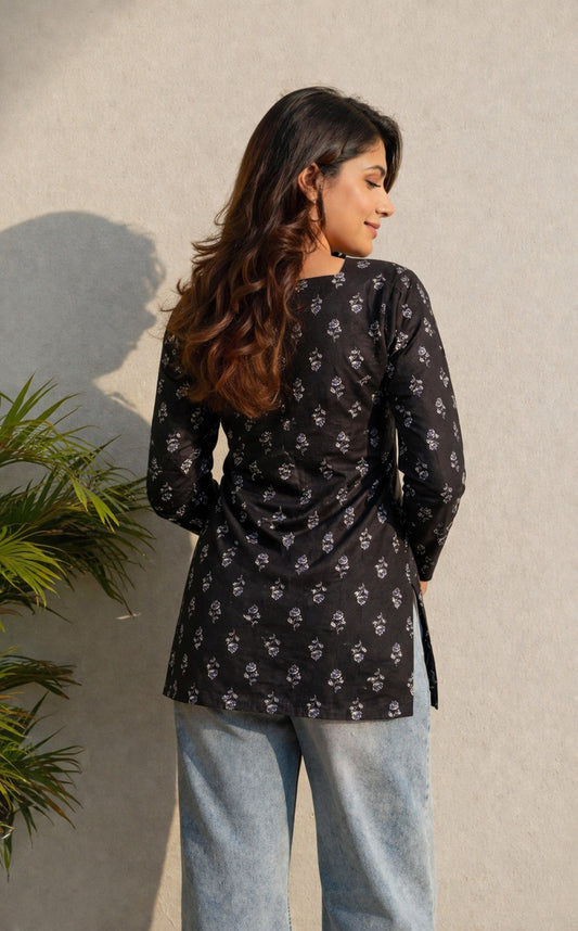 Veshviti Women Black Cotton Printed Top | Square Neck Full Sleeve Casual Tunic for Daily Wear