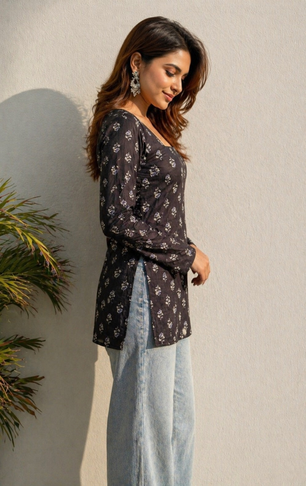 Veshviti Women Black Cotton Printed Top | Square Neck Full Sleeve Casual Tunic for Daily Wear