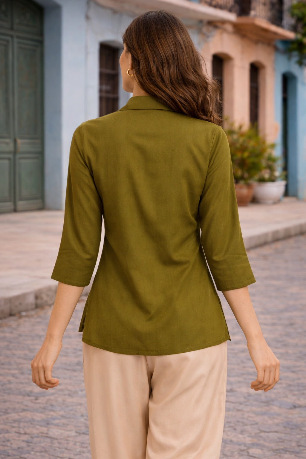 Veshviti Women Green Solid Shirt Top | Collared Neck Casual Wear Top